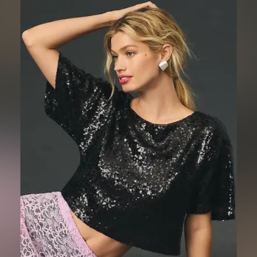Anthropologie Sequin Crop Tee